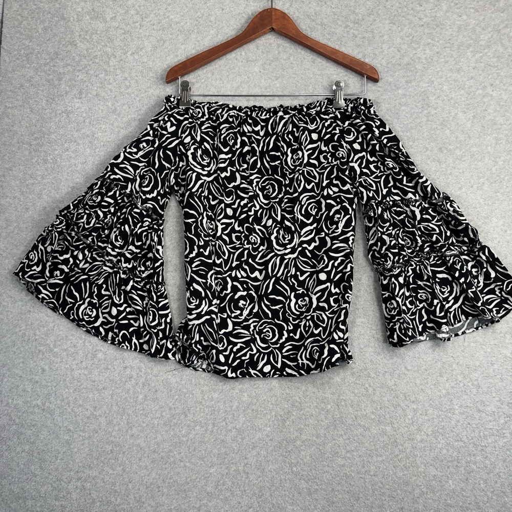 Coco Bianco Womens L Off Shoulder Top Black White Floral Bell Sleeve Boho Flowy